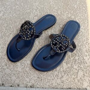 Tory Burch limited Navy Leather Logo Pave Thong Sandals. With dust cover